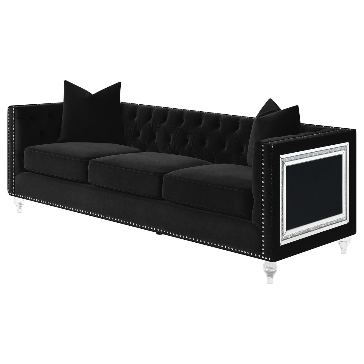 Sofá tapizado con brazos tipo esmoquin capitoné Delilah, color negro