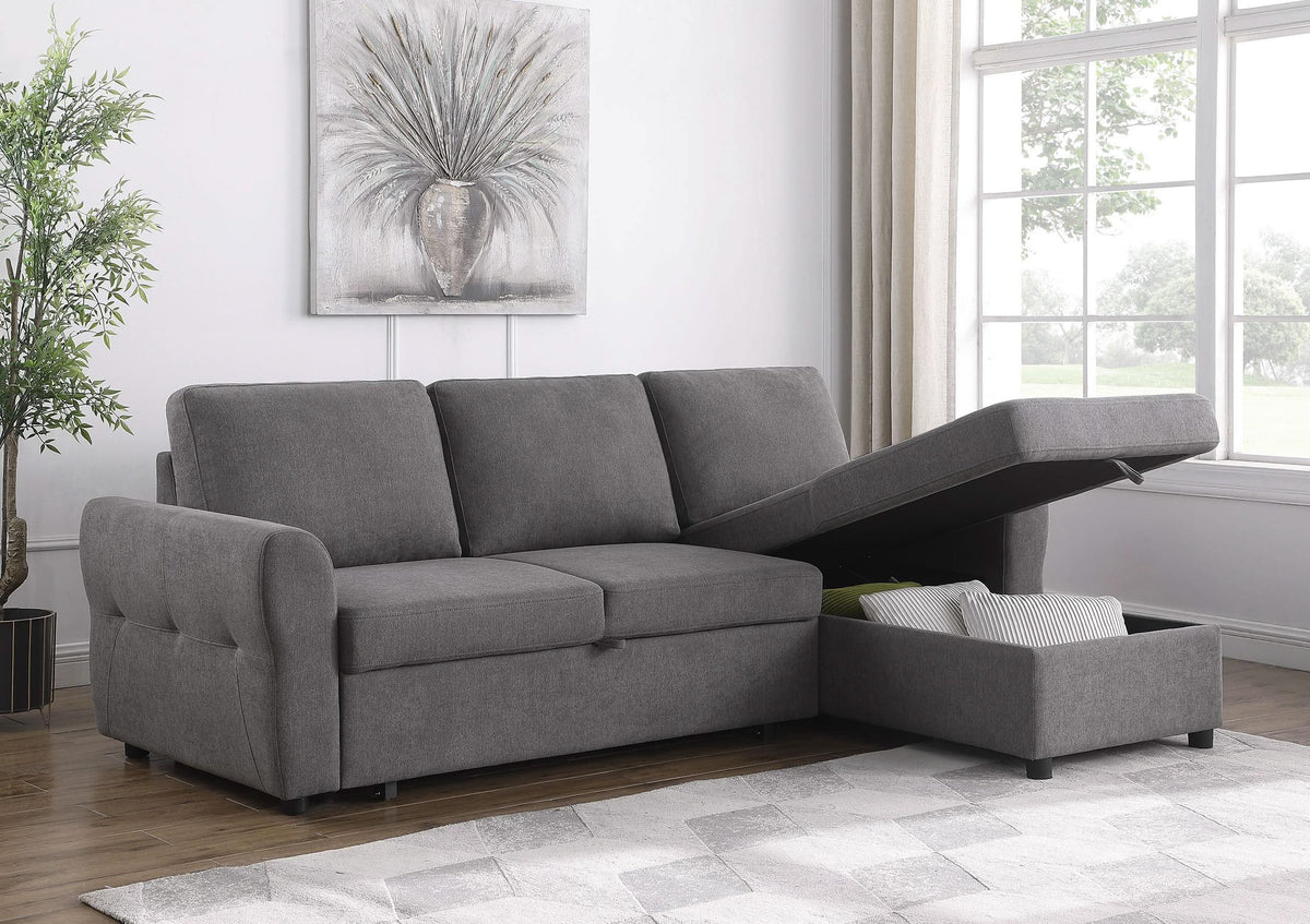 Sofá cama seccional tapizado con almacenaje Samantha, gris