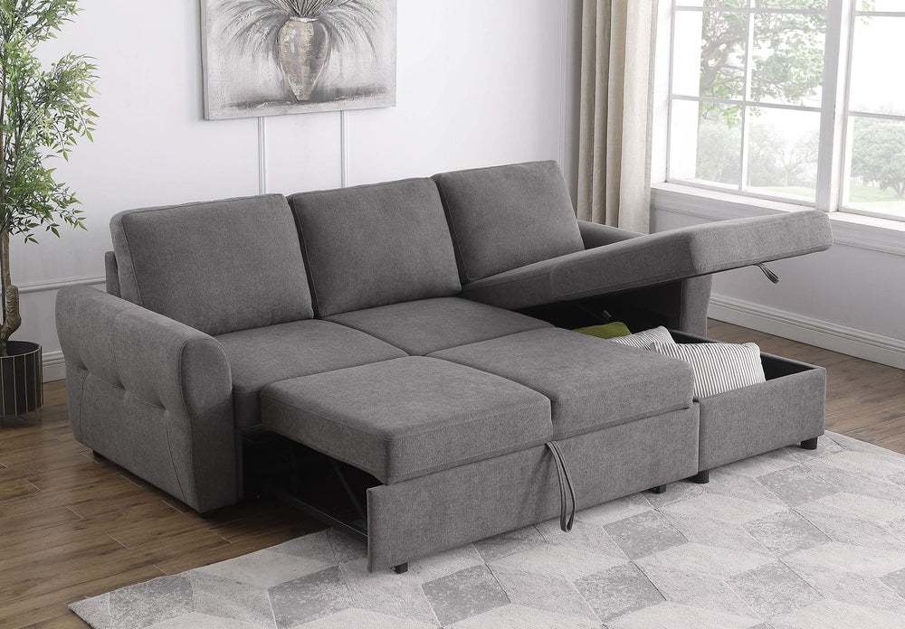 Sofá cama seccional tapizado con almacenaje Samantha, gris