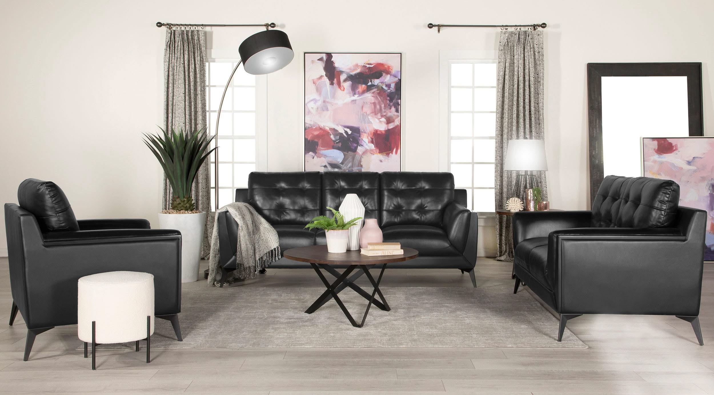 Conjunto de sofá capitoné Moira de 3 piezas con brazos en cuña tapizados en negro