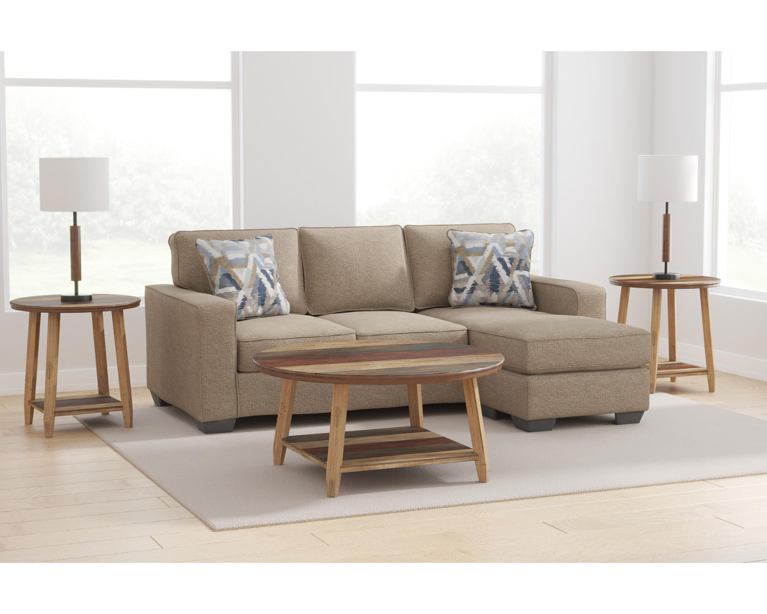 Greaves Sofa Chaise, 3-Piece Occasional Table Set and Set of Lamps