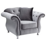 Silla decorativa capitoné con brazos enrollados y tapizada Frostine, color plateado