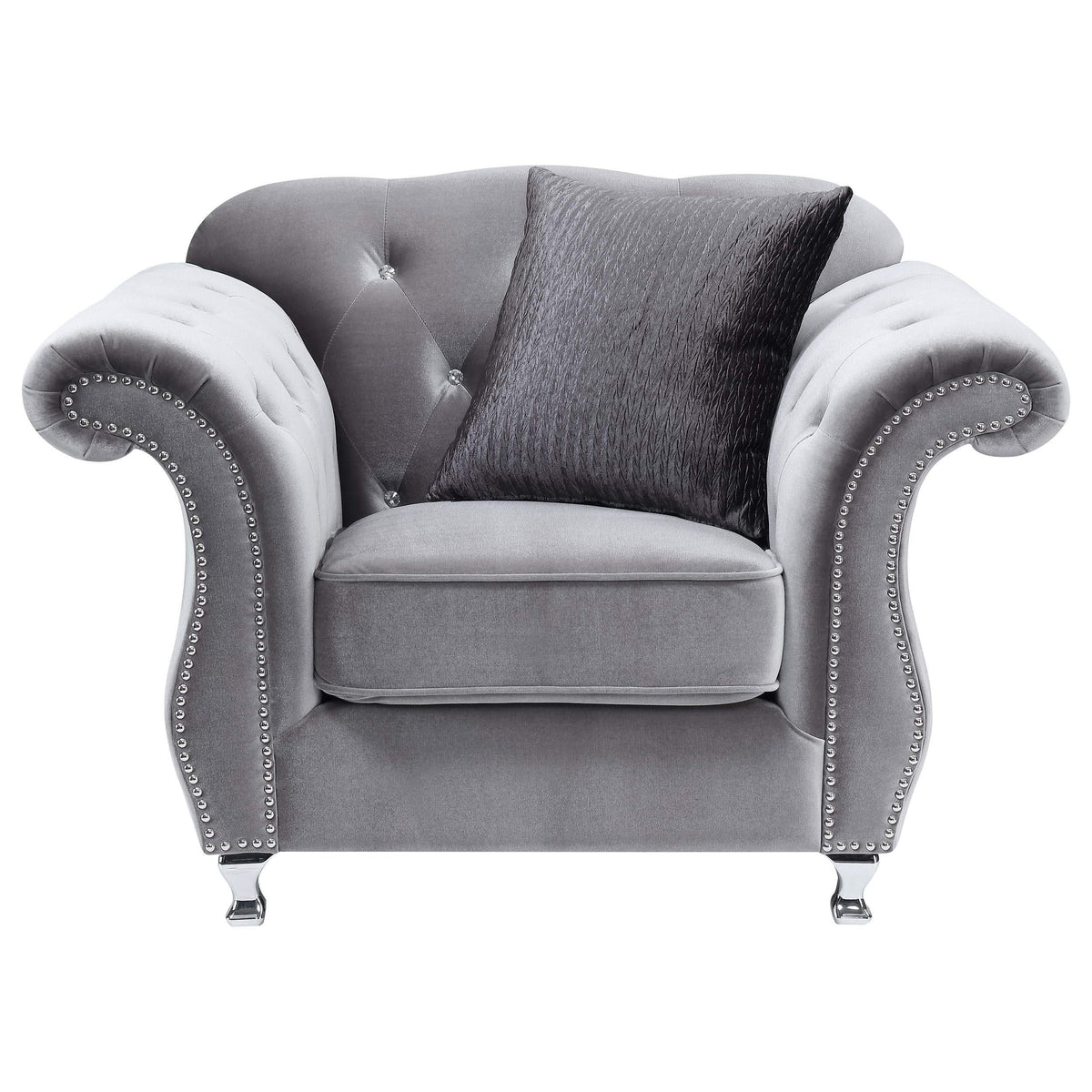 Silla decorativa capitoné con brazos enrollados y tapizada Frostine, color plateado