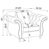 Silla decorativa capitoné con brazos enrollados y tapizada Frostine, color plateado