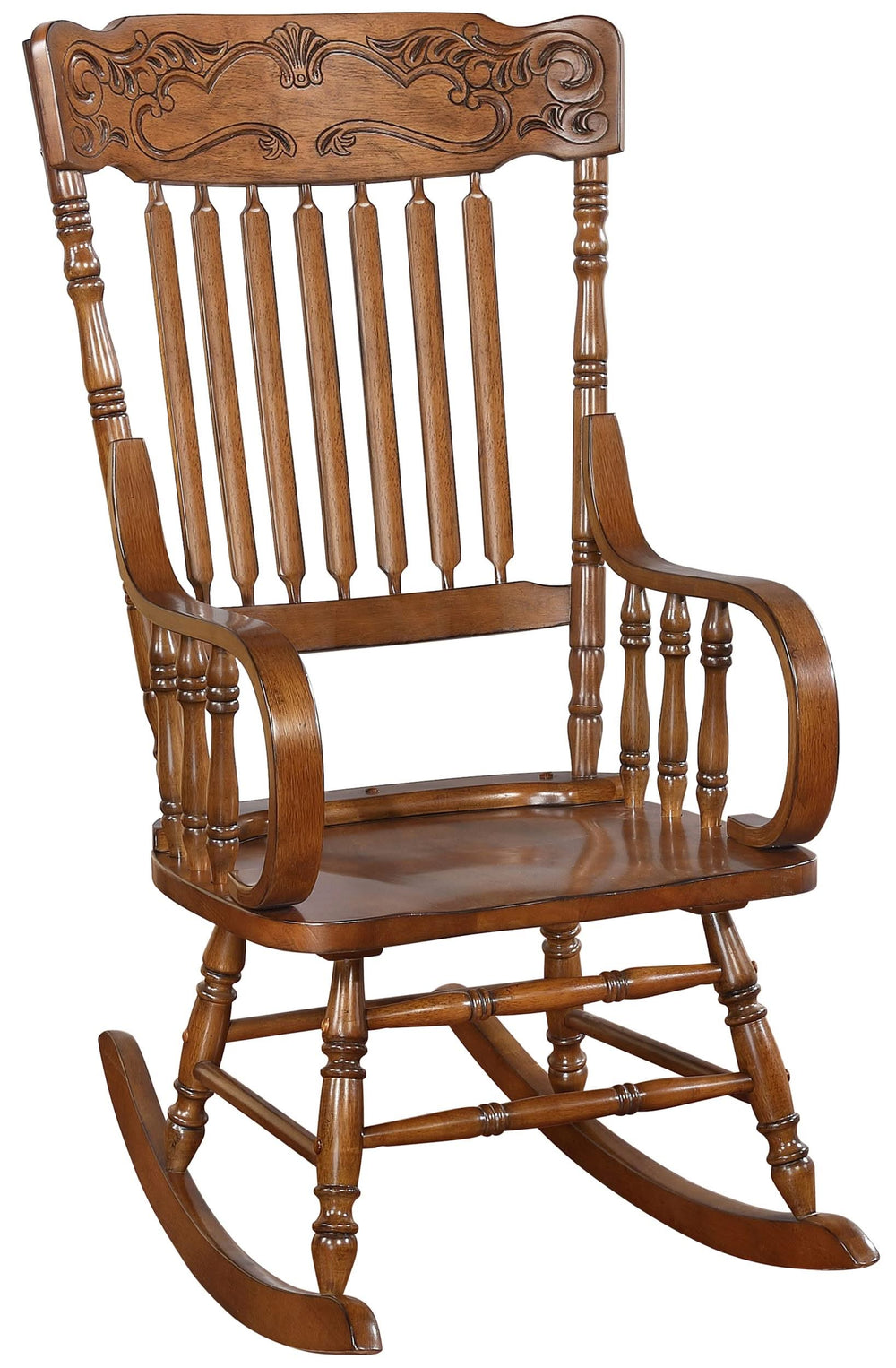 Mecedora Sara de madera maciza con respaldo de husillo, color marrón cálido
