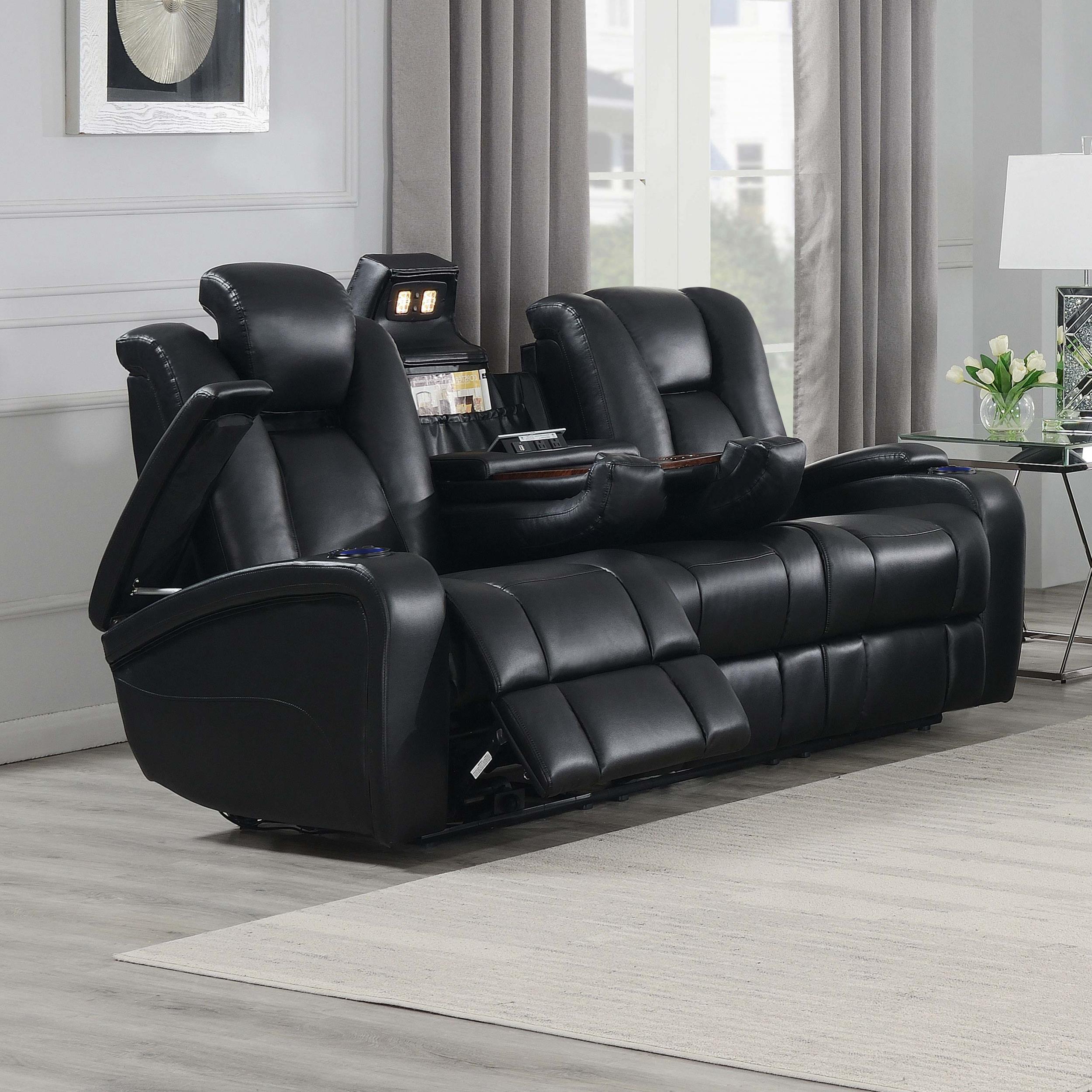 Delange Dual Power Reclining Sofa with Headrests Black