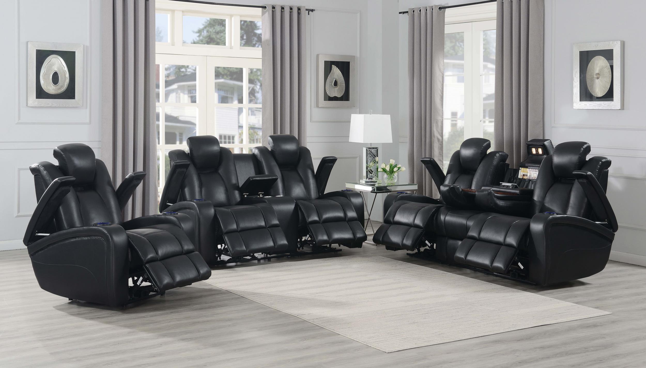 Delange Dual Power Reclining Sofa with Headrests Black