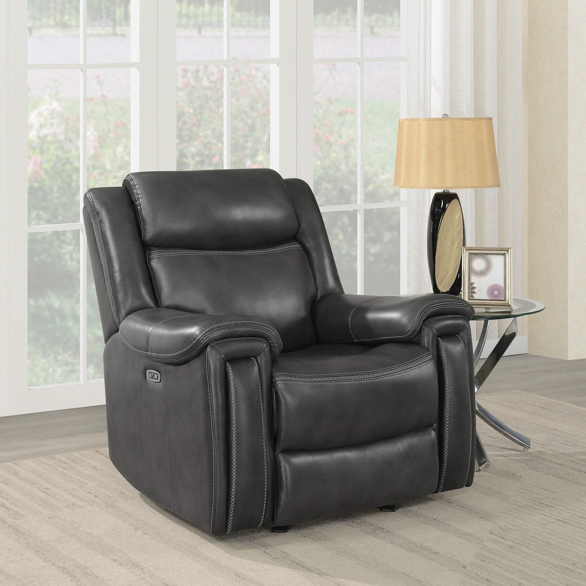 Sillón reclinable eléctrico tapizado Shallowford de 2 plazas, color carbón frotado a mano