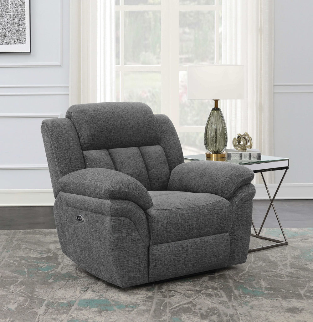 Sillón reclinable eléctrico Bahrain tapizado en color carbón