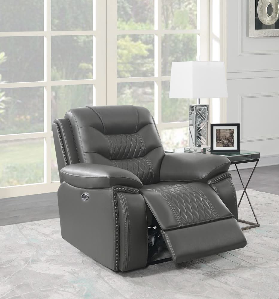 Sillón reclinable eléctrico con brazos acolchados y tapizado Flamenco en color carbón
