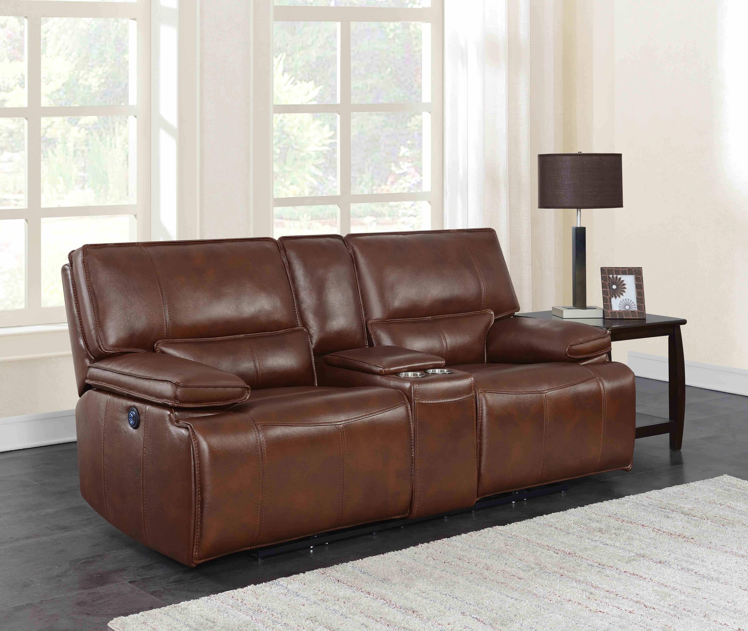 Southwick Upholstered Power Reclining Loveseat Saddle Brown