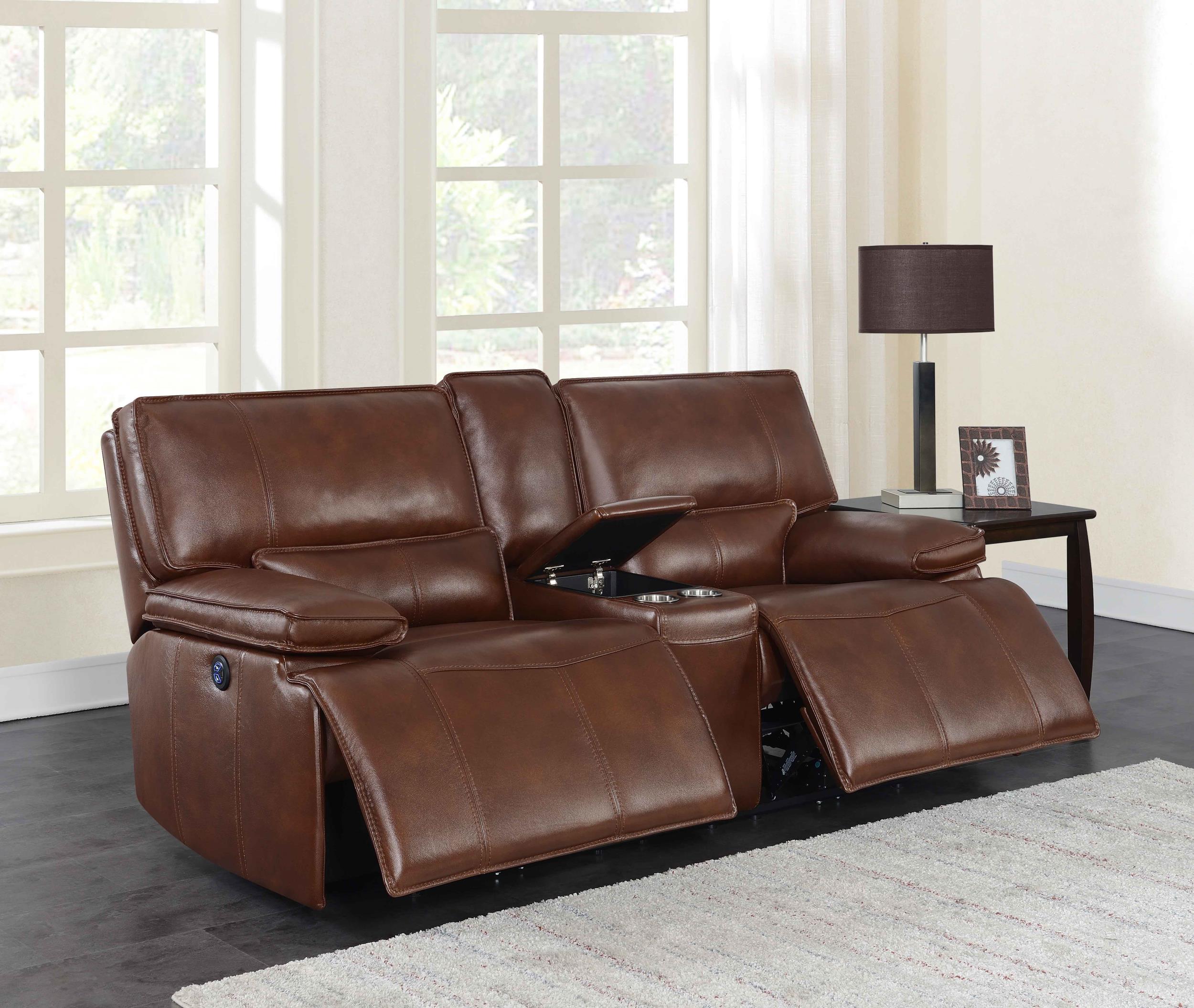 Southwick Upholstered Power Reclining Loveseat Saddle Brown