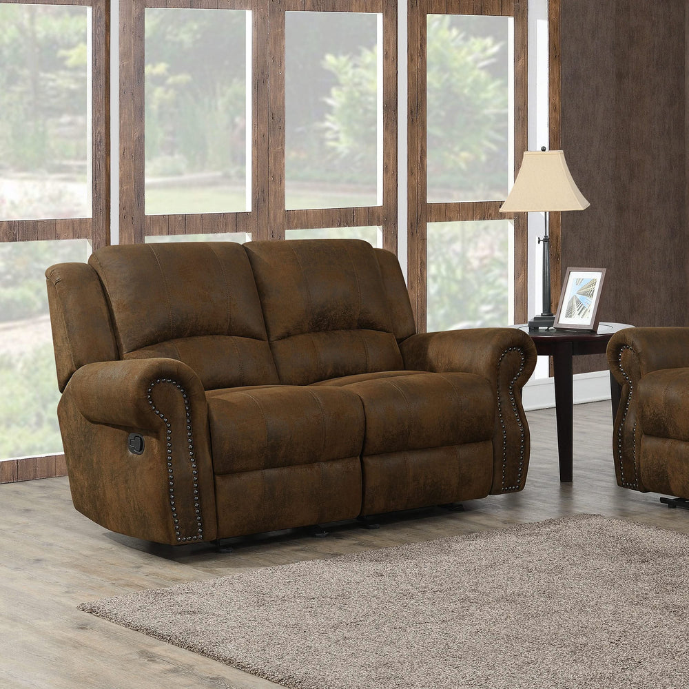 Loveseat deslizante con brazos enrollados Sir Rawlinson y ribete de tachuelas en ante marrón