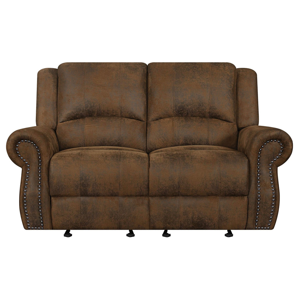 Loveseat deslizante con brazos enrollados Sir Rawlinson y ribete de tachuelas en ante marrón