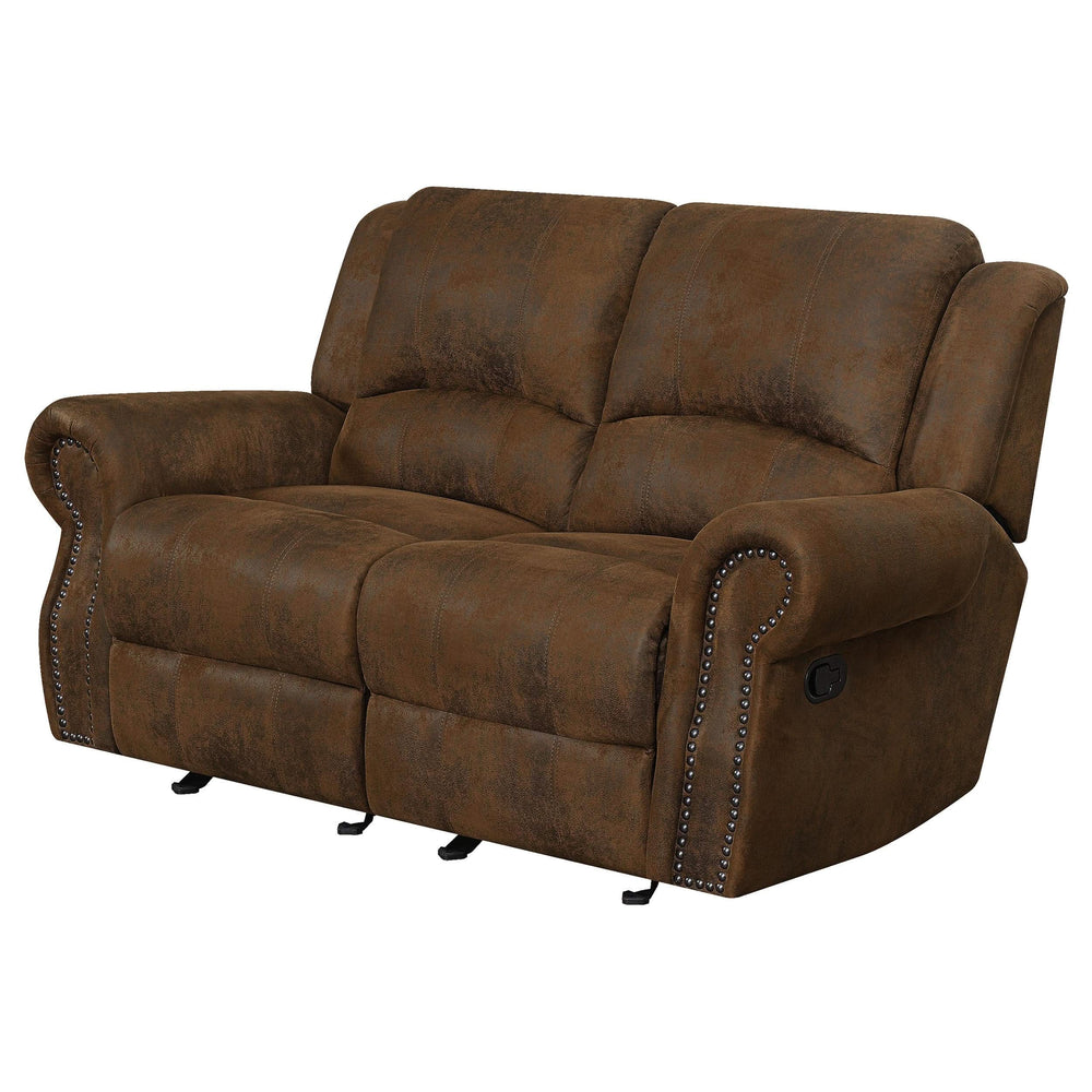 Loveseat deslizante con brazos enrollados Sir Rawlinson y ribete de tachuelas en ante marrón