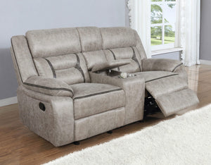 Loveseat reclinable con movimiento tapizado Greer en color topo