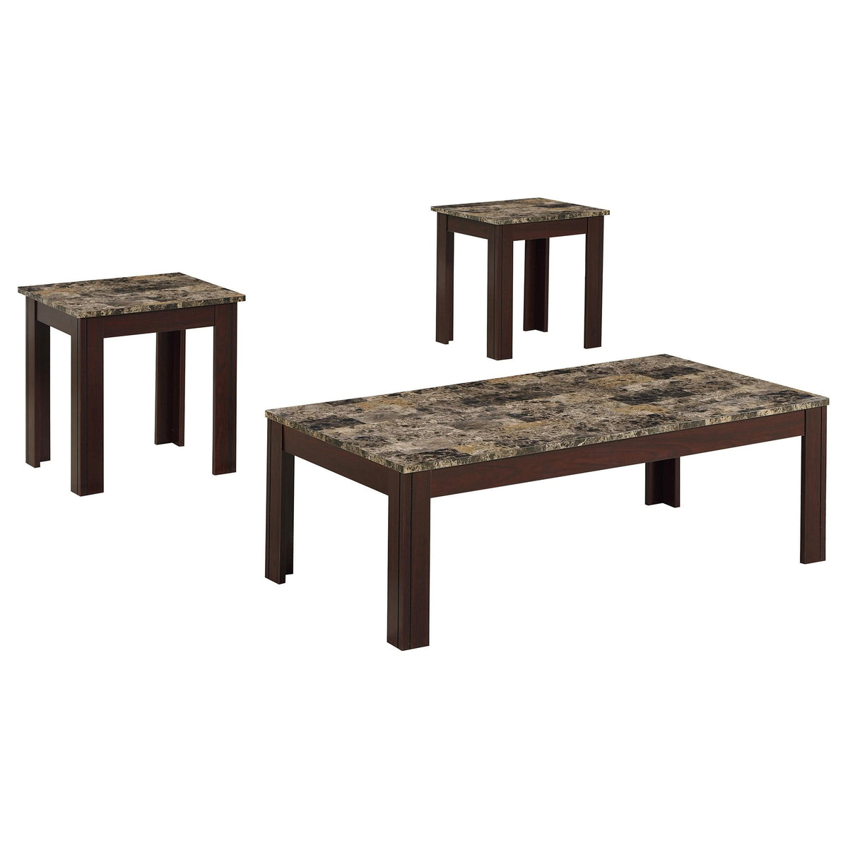 Juego de mesa de centro Rhodes de 3 piezas con superficie de mármol sintético, color marrón