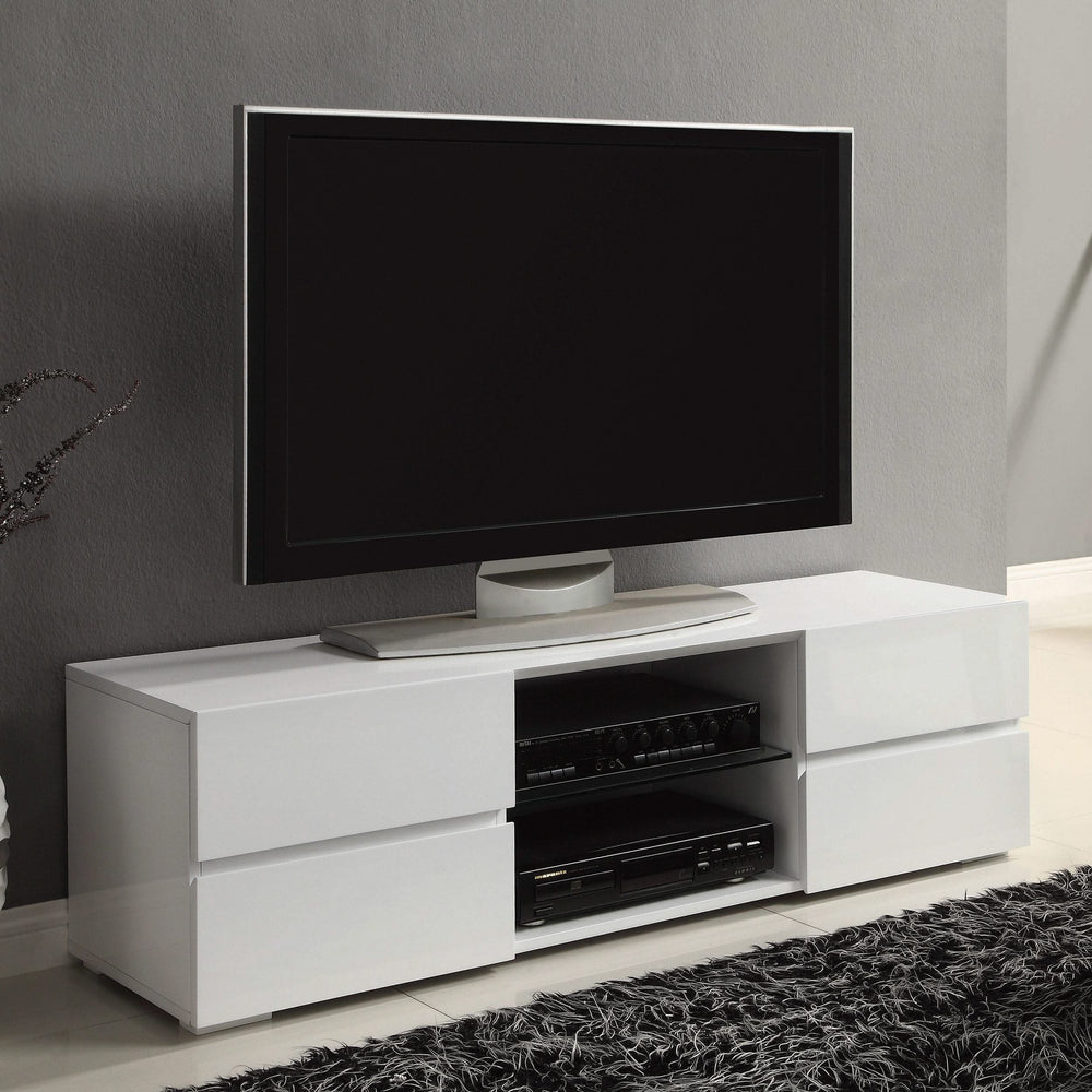 Mueble para TV Galvin de 55 pulgadas, madera, 4 cajones, blanco, alto brillo