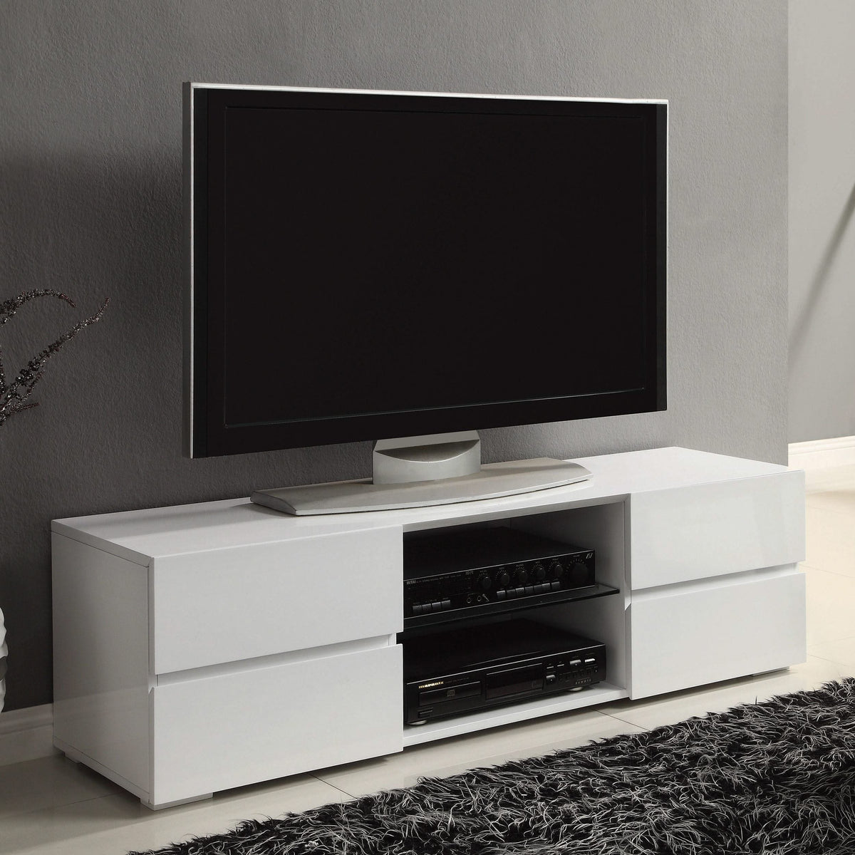 Mueble para TV Galvin de 55 pulgadas, madera, 4 cajones, blanco, alto brillo