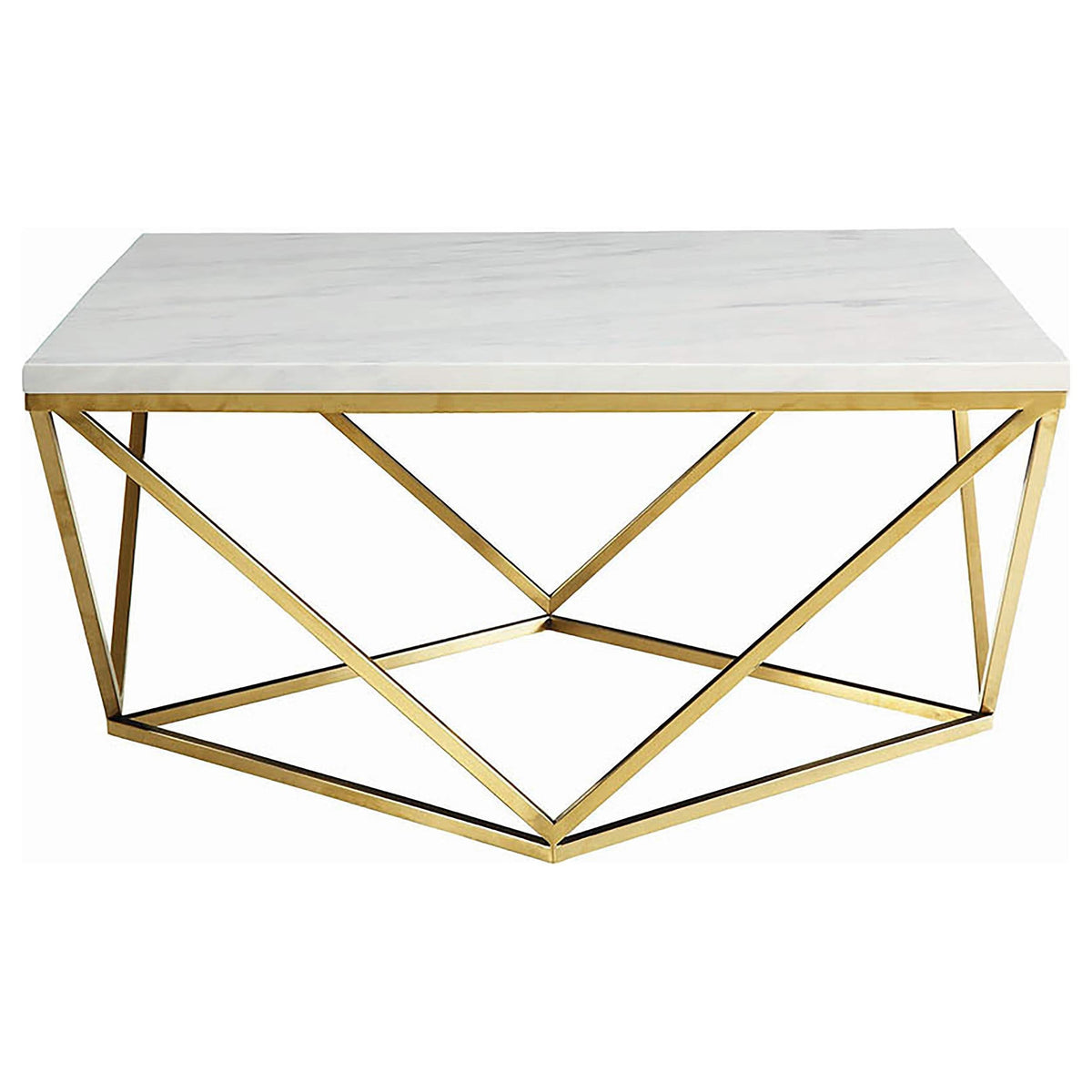 Mesa de centro cuadrada Meryl con superficie de imitación de mármol, blanca y dorada