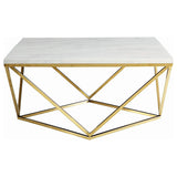 Mesa de centro cuadrada Meryl con superficie de imitación de mármol, blanca y dorada