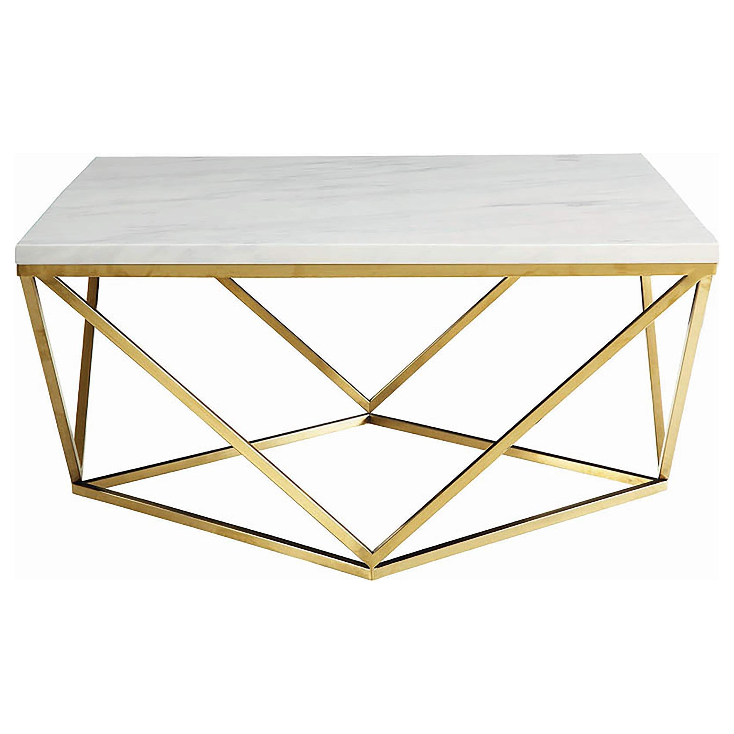 Mesa de centro cuadrada Meryl con superficie de imitación de mármol, blanca y dorada