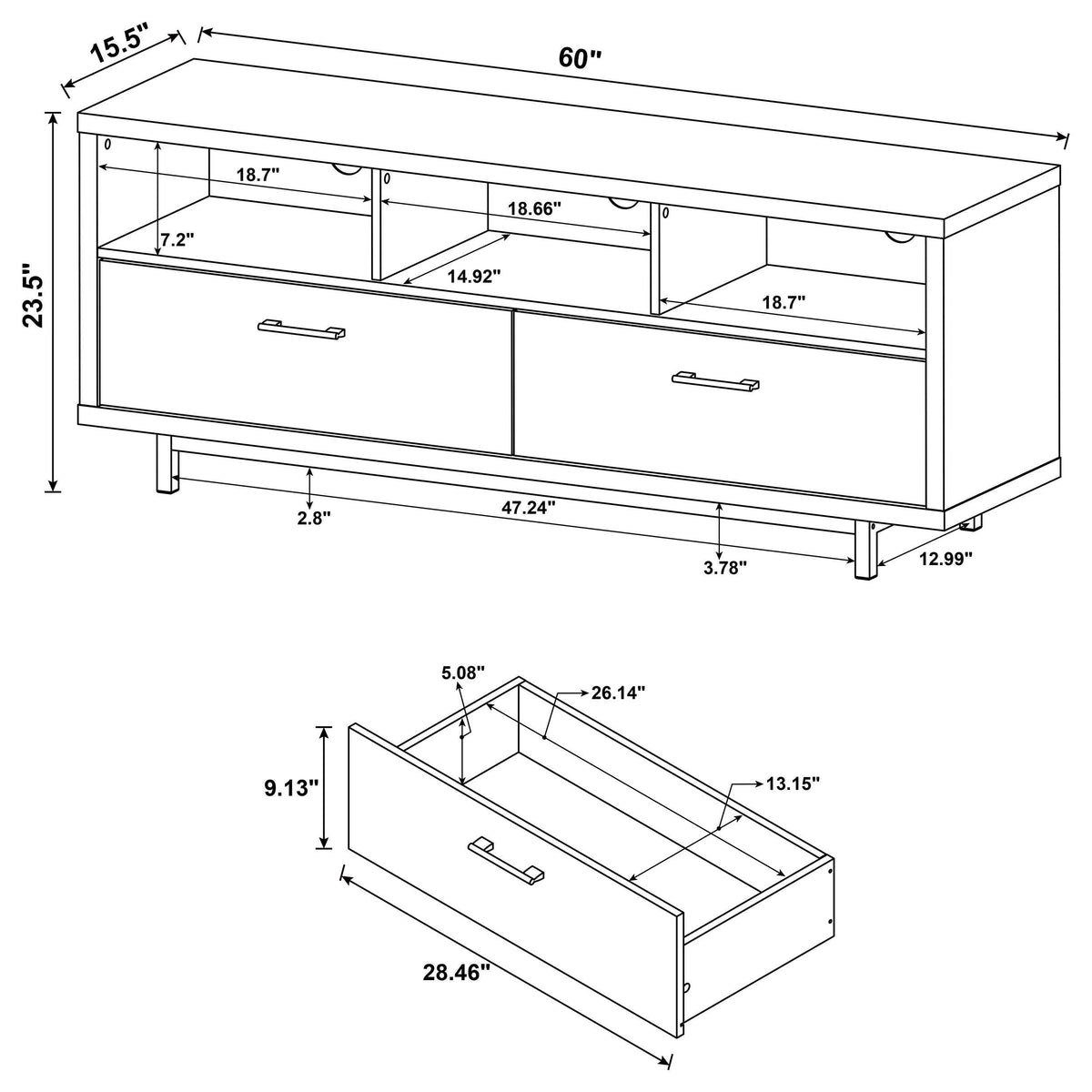 Mueble para TV Casey de 60 pulgadas, de madera de ingeniería con dos cajones, color blanco