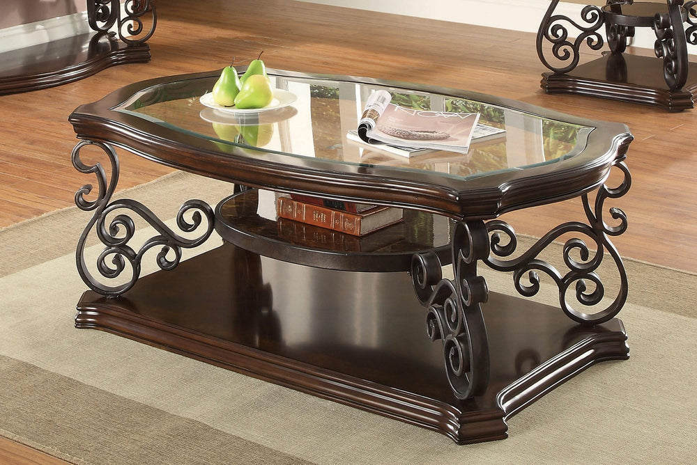Mesa de centro rectangular Laney de 1 estante con tapa de vidrio en color merlot oscuro