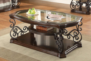 Mesa de centro rectangular Laney de 1 estante con tapa de vidrio en color merlot oscuro