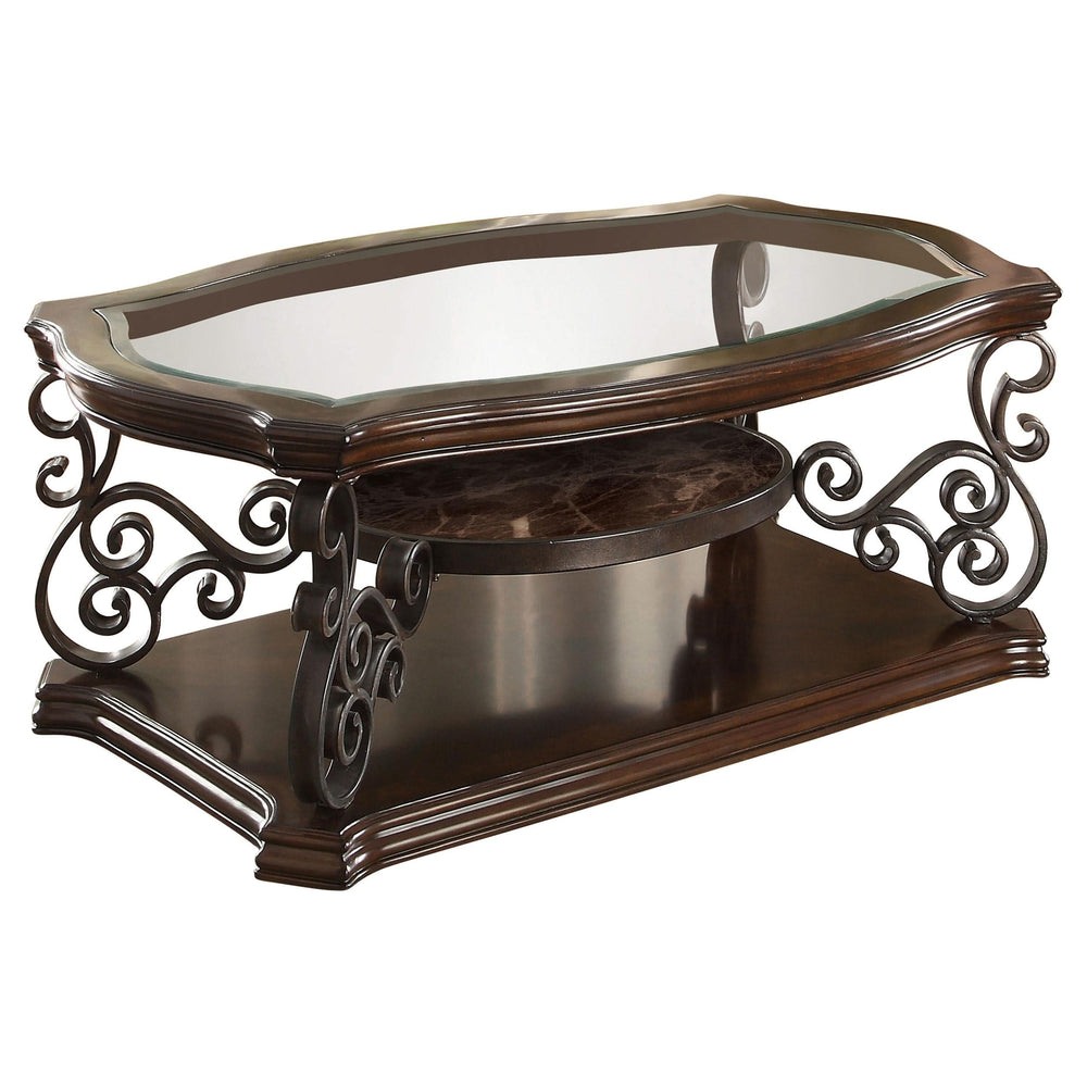 Mesa de centro rectangular Laney de 1 estante con tapa de vidrio en color merlot oscuro