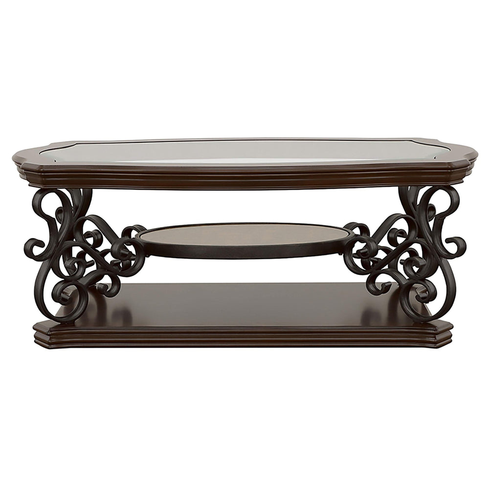 Mesa de centro rectangular Laney de 1 estante con tapa de vidrio en color merlot oscuro