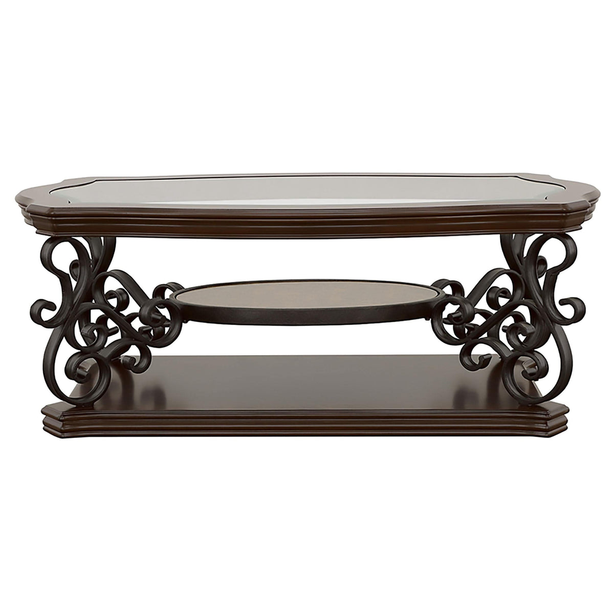 Mesa de centro rectangular Laney de 1 estante con tapa de vidrio en color merlot oscuro