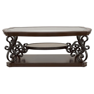 Mesa de centro rectangular Laney de 1 estante con tapa de vidrio en color merlot oscuro