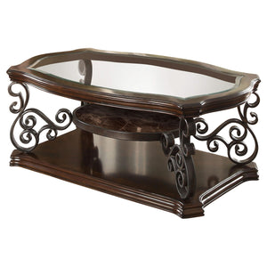 Mesa de centro rectangular Laney de 1 estante con tapa de vidrio en color merlot oscuro