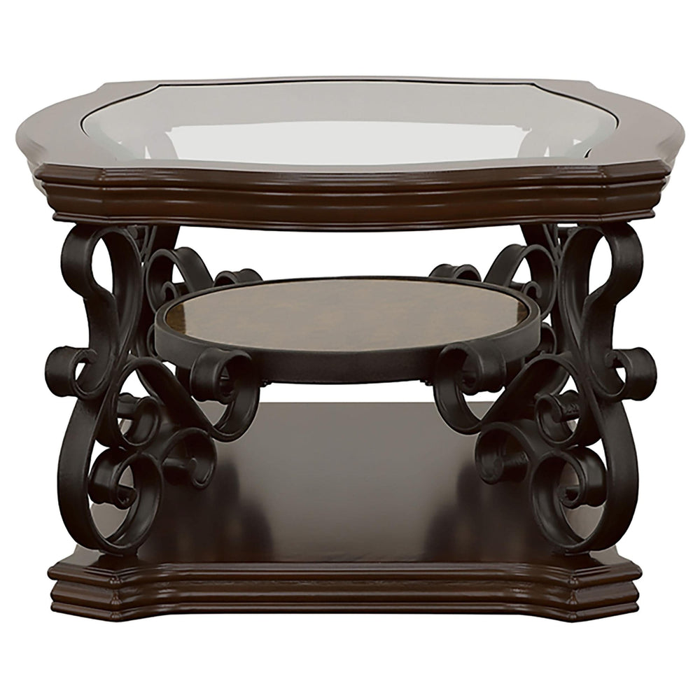 Mesa de centro rectangular Laney de 1 estante con tapa de vidrio en color merlot oscuro