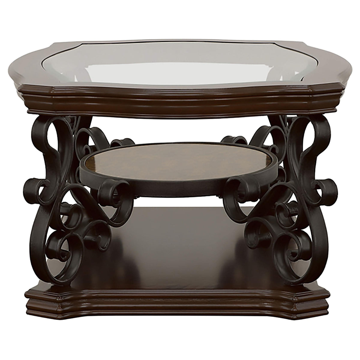 Mesa de centro rectangular Laney de 1 estante con tapa de vidrio en color merlot oscuro