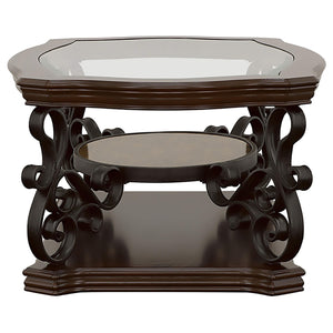 Mesa de centro rectangular Laney de 1 estante con tapa de vidrio en color merlot oscuro