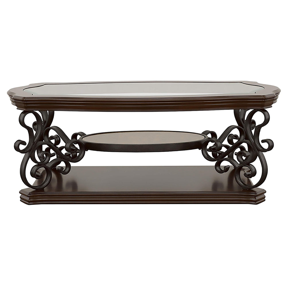 Mesa de centro rectangular Laney de 1 estante con tapa de vidrio en color merlot oscuro