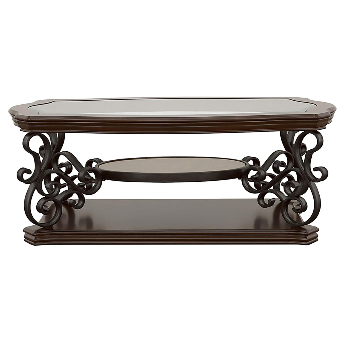 Mesa de centro rectangular Laney de 1 estante con tapa de vidrio en color merlot oscuro