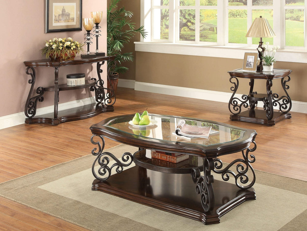 Mesa de centro rectangular Laney de 1 estante con tapa de vidrio en color merlot oscuro