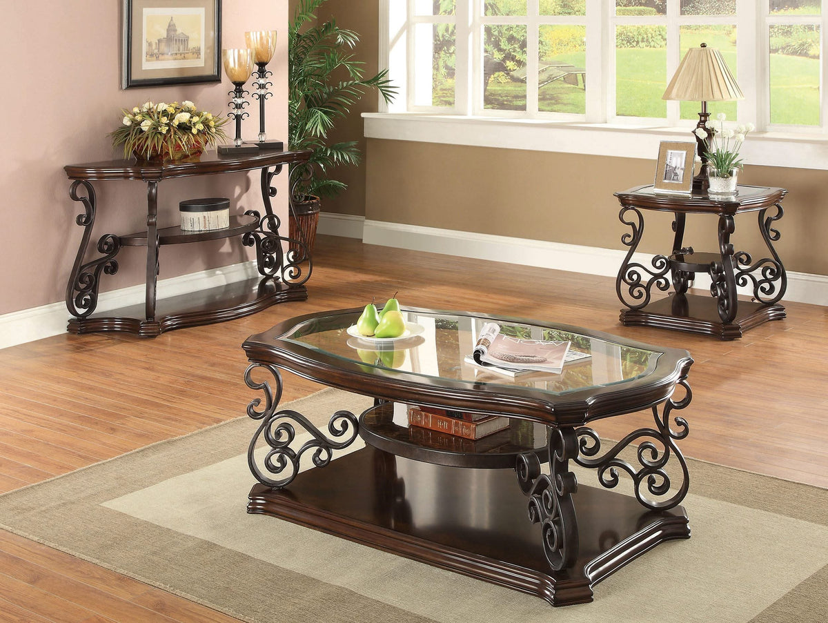 Mesa de centro rectangular Laney de 1 estante con tapa de vidrio en color merlot oscuro