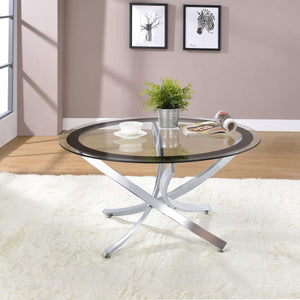 Mesa de centro redonda Brooke con tapa de vidrio y base de metal cromado