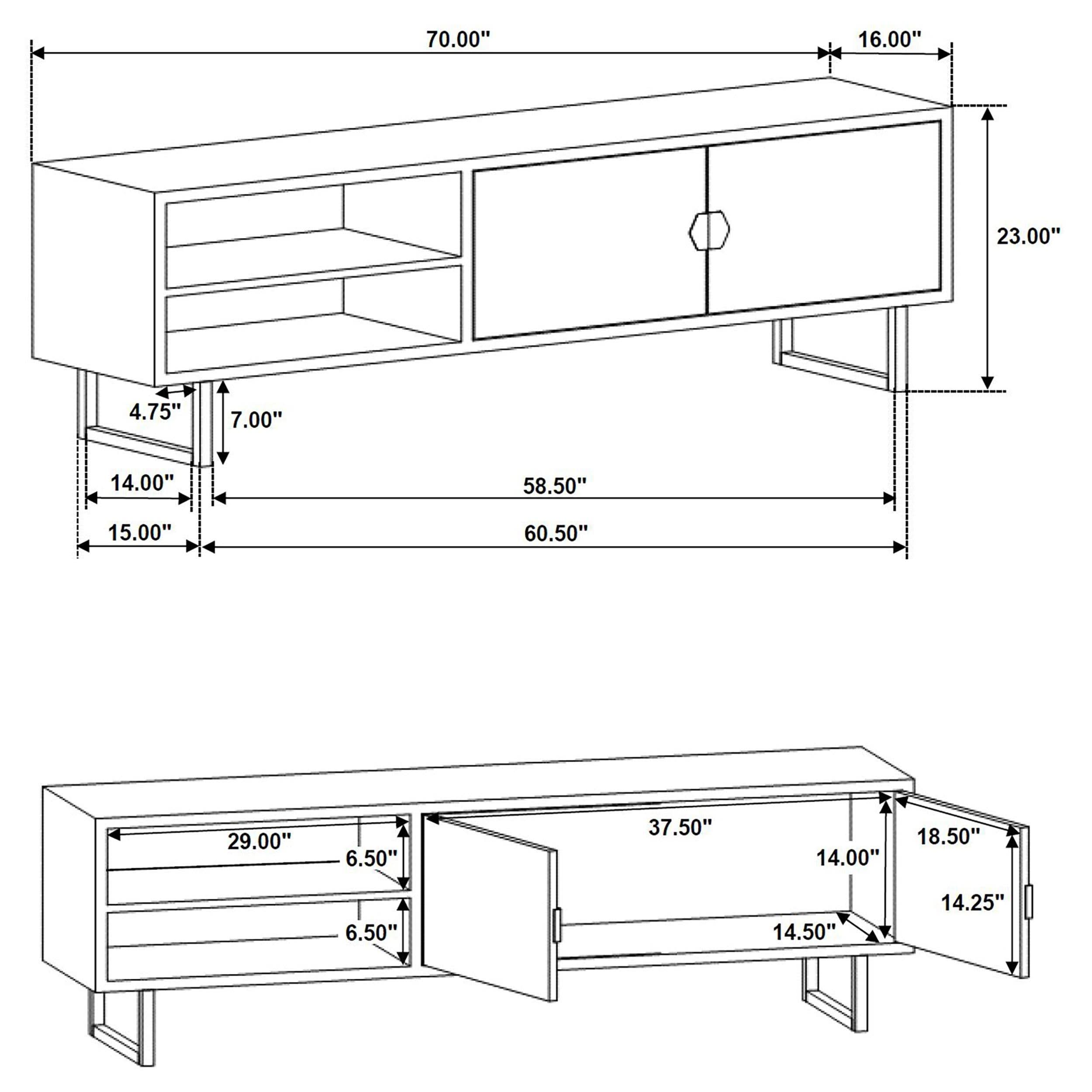 Mueble para TV Marsden de 70 pulgadas, madera de mango, dos puertas, color negro carbón
