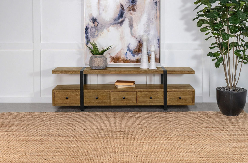 Mueble para TV de 70 pulgadas de madera de mango con 5 cajones y consola multimedia marrón