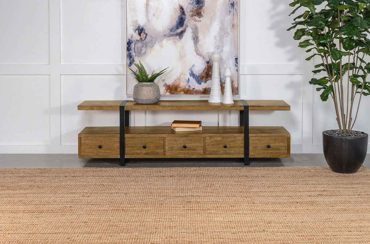 Mueble para TV de 70 pulgadas de madera de mango con 5 cajones y consola multimedia marrón