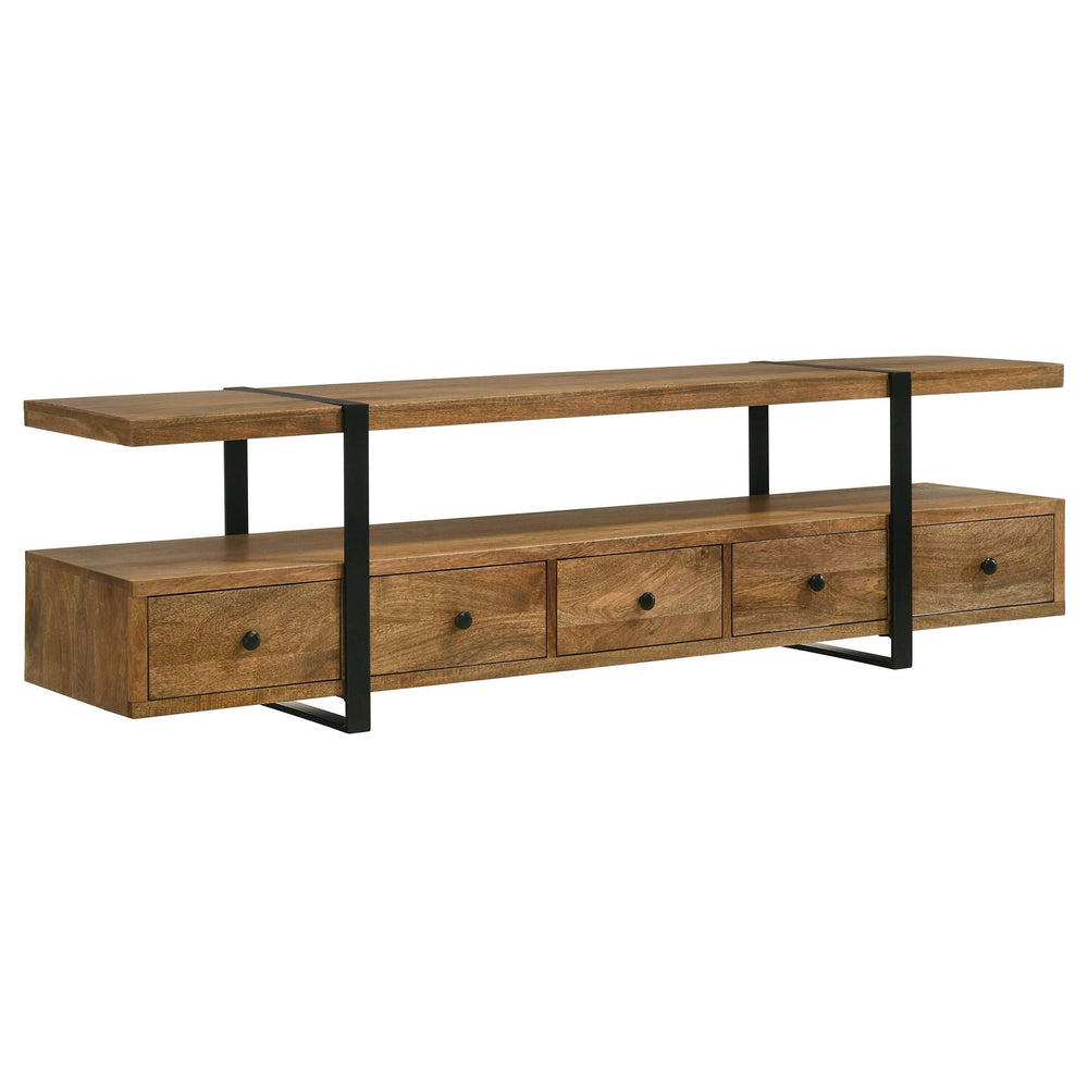 Mueble para TV de 70 pulgadas de madera de mango con 5 cajones y consola multimedia marrón