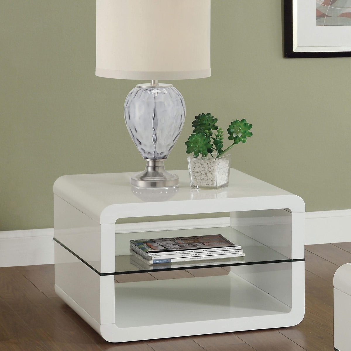 Mesa auxiliar rectangular Elana de 1 estante, blanca, alto brillo