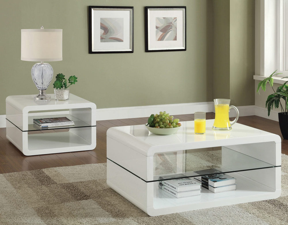 Mesa de centro rectangular Elana de 1 estante, blanca de alto brillo