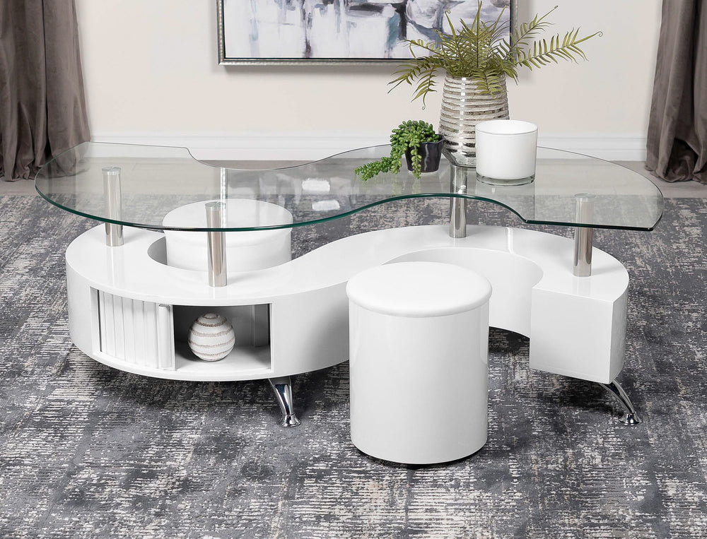 Juego de mesa de centro y taburetes Buckley de 3 piezas, blanco de alto brillo