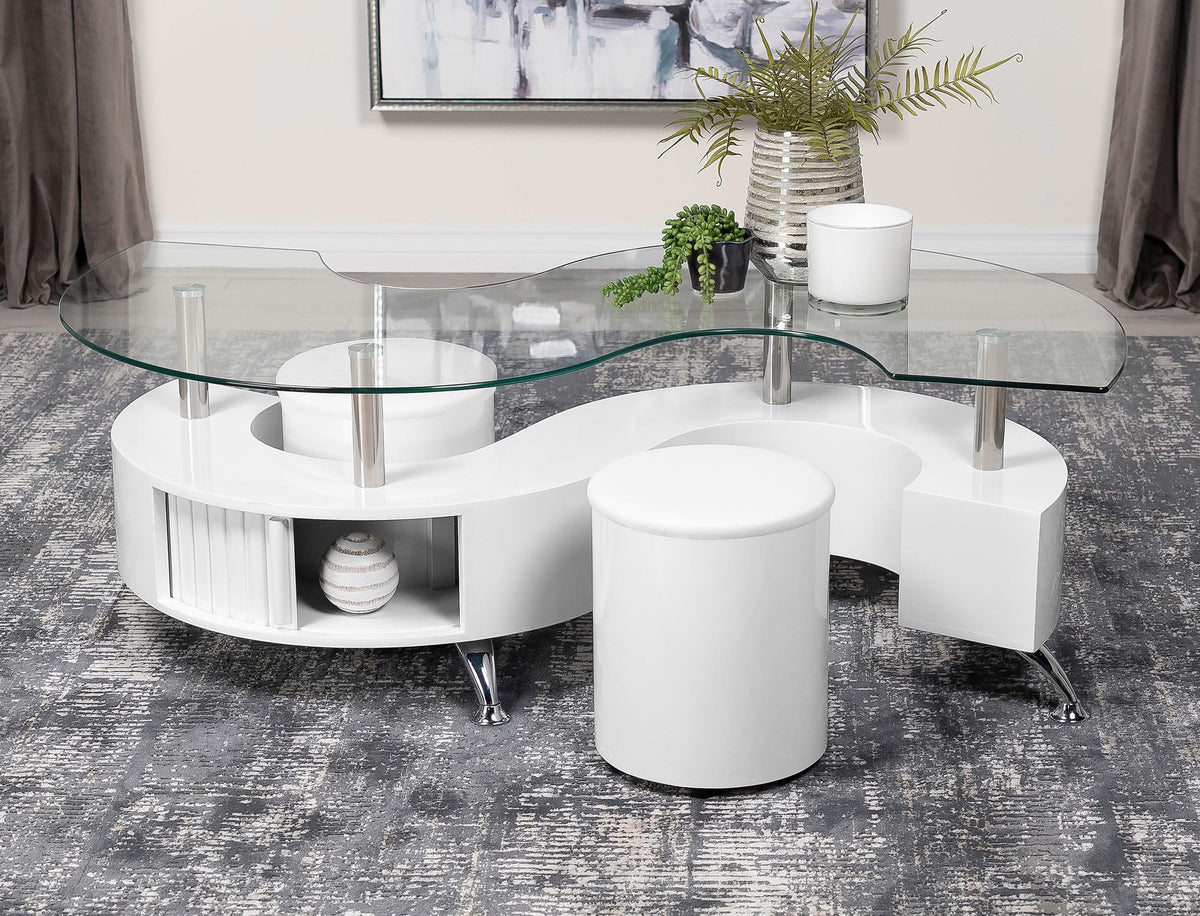 Juego de mesa de centro y taburetes Buckley de 3 piezas, blanco de alto brillo